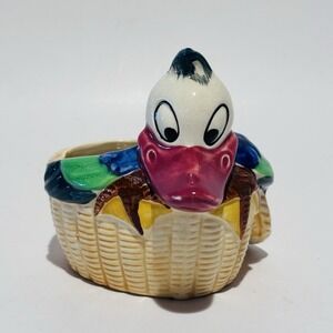 Vintage MCM Kitschy Ceramic Colorful Duck in a Basket Planter‎ Made in Japan